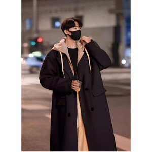 STYLE DR 가을 겨울 블랙 코트 남자 무릎 롱 트렌치 오버핏 코트