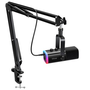 피파인 USB XLR 원터치 음소거 컴퓨터용 다이나믹 마이크 풀 키트 게이밍용 방송용 녹음용 팟캐스트 RGB 제어 가능 볼륨 노브 헤드폰 잭 붐 암 스탠드형, 검정, AM8T