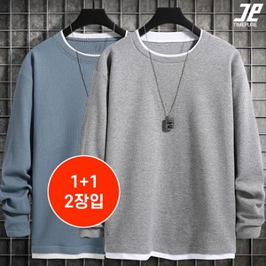 1+1 남녀 맨투맨 봄 가을 긴팔 남성용 와플 스웨트 크루 넥 루즈긴 소매 T셔츠 페이크 투피스 T셔츠 캐주얼 베이스 셔츠