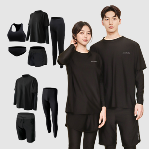 오로라선데이 올블랙 래쉬가드 남녀 루즈핏 빅사이즈 무지 체형커버 비치웨어 남성 3종 여성 5종 세트
