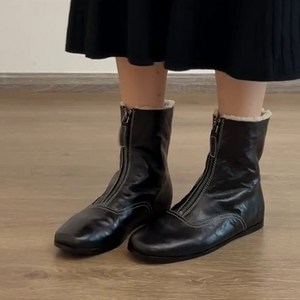 DANGZ 여성 겨울 기모가죽 앵클부츠 패션 부츠 양가죽부츠 슈즈 굽 1cm