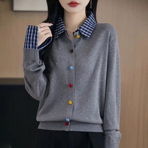 POMTOR 여성 봄가을 빅사이즈 카라 니트 가디건 패셔너블한 루즈핏 셔츠 레이어드 스웨터