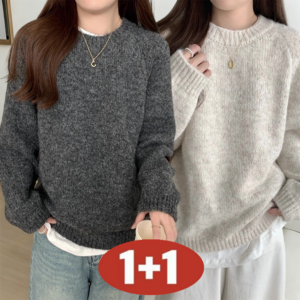 오스틱니 2025 1+1 여성용 가을겨을 캐주얼 단색 날씬해 보이는 루즈핏 라운드넥 긴팔티 니트