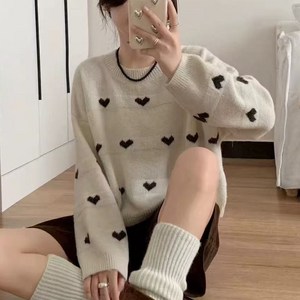 cammello 여성 하트패턴 루즈핏 니트 티셔츠 데일리 긴팔 스웨터 니트티