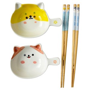 큐트미 고양이 손잡이 접시 + 젓가락 2인 세트 4p MP628, 혼합색상, 1세트, 접시 2p + 젓가락 2p