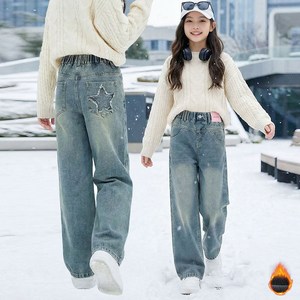 Tooliva 겨울 여아 기모 청바지 주니어 와이드 팬츠 밴딩 통바지 워싱 데님 스트레이트