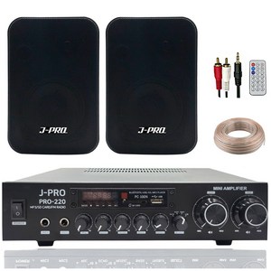 제이프로 220W 블루투스 매장용 카페 매장 업소용 벽걸이 미니 앰프 스피커 2개 세트+리모콘+PC선 1.5M+스피커케이블 20M