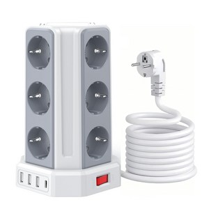 Sameriver 타워형 전원 스트립, USB 포트 4개 포함(최대 3.4A/16W 의 USB-A 3+ USB-C) 전기 소켓 12구, 스위치 4개, 3M 케이블,KC 인증서 취득, 1개, 하얀색, 3m