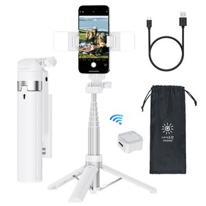 NICESUN 원터치 미니 블루투스 초경량 휴대폰 셀카봉 삼각대 90cm M56, 화이트+LED